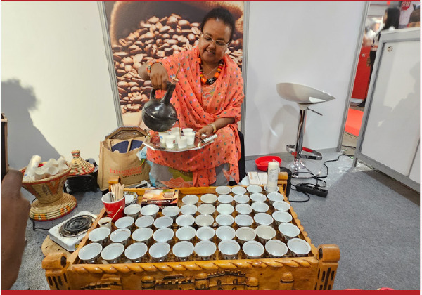 A coffee professional preparing a large table of cupping samples